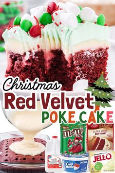 a red velvet poke cake with white frosting and christmas decorations on top, surrounded by other holiday desserts