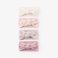 There is just something about a baby girl headband that just makes you say 'awww.' Whether it's a hair bow or headband, the right hair accessory really makes an outfit stand out. Each piece of our luxury baby girl clothing is designed to coordinate with any of these headbands making the cutest combinations. Soft brushed cotton/spandex knotted bow, elasticized 4 piece boxed set Fits babies 0-12 months Hand wash cold, Dry flat Adjustable Pink Elastic Hair Accessories, Adjustable Pink Hair Accessories With Elastic Band, Adjustable Headband For Playtime, Knotted Baby Headband, Coverlet Bedding, Elegant Baby, Luxury Baby, Boxed Set