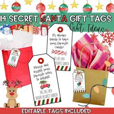 christmas gift tags with reindeers, presents and gifts for the holiday season on them