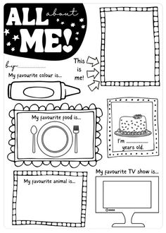 the all about me coloring page with pictures and words on it, including an image of a