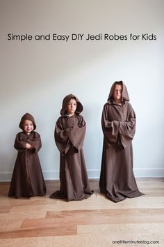 three children dressed in robes with the words simple and easy diy robes for kids