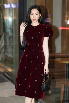 Bryan A-line Puffy Sleeved Velvet Knee-length Dress | MEAN BLVD Puffy Sleeves Dress, Vietnam Dress, Mean Blvd, Red Velvet Dress, Velvet Midi Dress, Sleeves Dress, The Velvet, Velvet Material, Puffy Sleeves