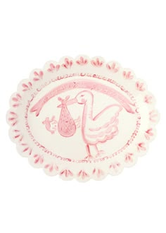 Scalloped Stork Birth Plate - Pink | Tricia Lowenfield Design | Over The Moon Celebration Plate, Baby Plates, Birthday Plate, Heirloom Gifts, Baby Clip Art, Painted Plates, Flower Invitation, Burp Cloth Set, Ceramic Handmade