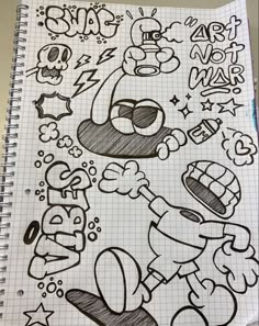 a notebook with some drawings on it and writing in black ink next to an image of cartoon characters