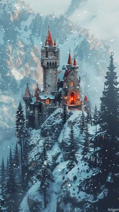 a castle on top of a snowy mountain surrounded by pine trees and snow covered mountains