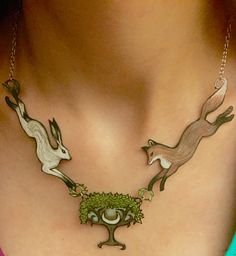 Fox, Hare, and Moon Tree necklace Fox Clothes, Moon Tree, Fox Jewelry, Animal Necklace, Tree Necklace, A Necklace, Necklaces Jewelry, Amulets, Lovely Jewellery