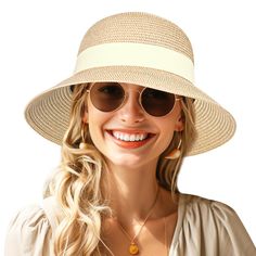 PRICES MAY VARY. 【One size fits most individuals】The brim width of the beach hat reaches 8cm (3.14 inches), with a head circumference of 22.4-23.6inches/ 57cm-60cm.Our floppy sun hats for women comes with an adjustable head circumference cord so you can easily adjust it for the most comfortable fit. 【Wide brim design for full sun protection】The brim of the summer hats for women is wide and slightly downward, which helps to better protect your skin. Our straw beach hat have a high sun protection Hats With Uv Protection For Beach Season, Lightweight Short Brim Hat For Pool, Lightweight Short Brim Pool Hat, Lightweight Short Brim Hat For The Pool, Adjustable White Bucket Hat For Beach, Adjustable White Bucket Hat For The Beach, White Adjustable Bucket Hat For Beach, Outdoor Straw Hat With Upf 50+, Packable Solid Sun Hat For Summer