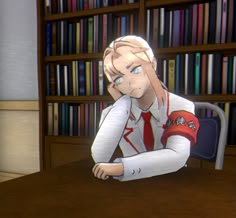 a cartoon character sitting at a desk in front of a book shelf filled with books