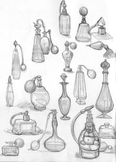 a pencil drawing of various bottles and other items