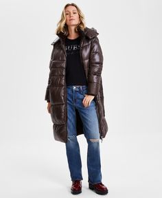 in stock Guess Puffer Jacket Women, Blazer Designs, Tip Of The Day, Denim Design, Puffer Coat, Hottest Trends, Western Fashion, Mid Length, Espresso