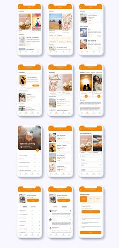 an orange and white web page with many different images on it, including the bottom half of