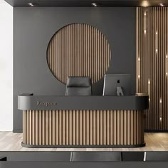 Appealing Design Wooden Reception Desk / Lixra Salon Reception Interior Design, Cool Office Reception Area, Front Desk Ideas Reception Areas Decor, Check In Desk Design, Reception Desk Ideas Office, Receptionist Office Design, Medspa Front Desk, Modern Front Desk Reception Areas, Reception Desk Inspiration