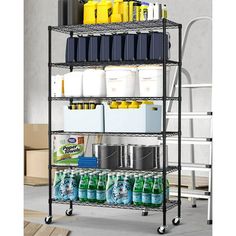 a metal shelving unit filled with cleaning supplies and other household care products on wheels