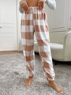 Apricot  Collar  Flannelette Plaid Pajama Bottoms Embellished Non-Stretch All Women Sleep & Lounge Fuzzy Pajama Pants, Christmas Pajama Pants, Cute Pjs, Plaid Pajama Pants, Cute Pajama Sets, Cozy Pajamas, Casual Preppy Outfits, Pajamas Comfy, Cute Lazy Day Outfits