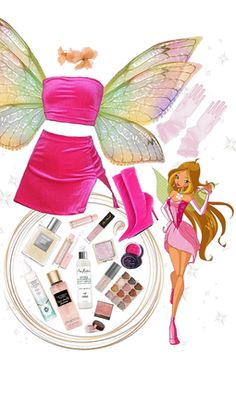 a pink dress with fairy wings and cosmetics