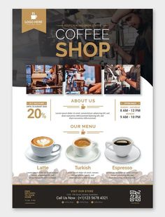 coffee shop flyer with two cups of coffee on the table and one cup of espresso