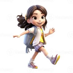 a cartoon girl with a backpack is running