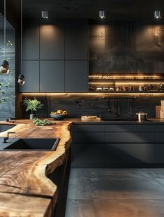 a modern kitchen with wooden counter tops and black cabinets, along with an island in the middle