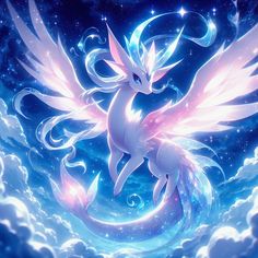 a white and pink dragon sitting on top of a blue cloud filled sky with stars