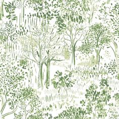 a green and white wallpaper with trees, bushes and plants on it's side