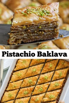 sliced baklava with pistachios Pistachio Baklava Recipe, Baklava Recipe Easy, Pistachio Baklava, Turkish Baklava, Baklava Recipe, Turkish Desserts, Breakfast Sweets, Arabic Sweets, Phyllo Dough