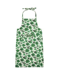 an apron with green and white flowers on it