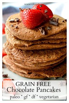 a stack of chocolate pancakes with a strawberry on top and the words pale & gluten free