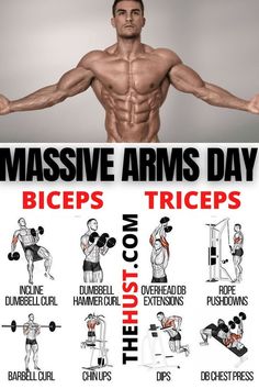 an image of a man doing exercises for arms and legs with the words massive arms day