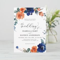 Navy Burnt Orange Floral Rust Orange Boho Wedding Invitation  Zazzle Navy And Rustic Orange Wedding, Cornflower Blue And Burnt Orange Wedding, Navy Blue And Burnt Orange Wedding Invitations, Navy Blue And Terracotta Wedding Invitations, Orange Boho Wedding, Blue And Orange Invitations, Boho Wedding Invitation, Wedding Invitations Boho, Rust Orange