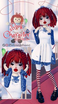 an image of a doll with red hair and blue eyes wearing a white dress, tights and striped socks