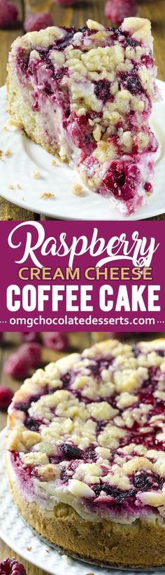 raspberry cream cheese coffee cake on a white plate