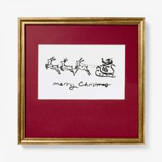 a framed drawing of santa claus and his reindeer sleigh with merry christmas written on it