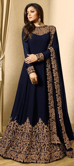 1508728: Bollywood Blue color Salwar Kameez in Georgette fabric with Abaya, Anarkali Embroidered, Thread, Zari work Party Wear Long Gowns, Bollywood Anarkali, Wedding Anarkali, Gown Party Wear, Anarkali Dresses, Abaya Style, Long Gowns