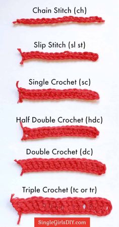 crochet stitches are shown with the instructions for each stitch