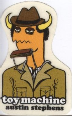 the toy machine sticker has a man in a cowboy hat with a pipe and glasses