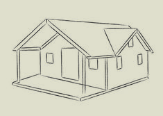 a drawing of a house on a gray background with the outline of it in black and white