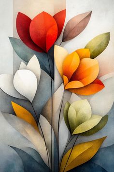 an abstract painting with flowers and leaves