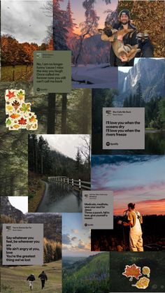 the collage shows many different pictures and words in each photo, including trees, mountains,