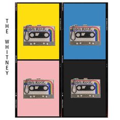 four different colored cassettes with the words rock on them