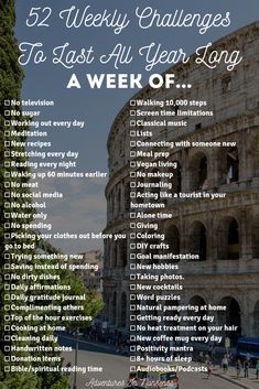 52 Weekly Challenges To Last All Year Long - Adventures In Nonsense | Self improvement, Challenges, Get my life together . #Weekly_Things_To_Do_List_Ideas #52_Week_Challenge_Life #52_Weekly_Challenges #52_Week_Challenge_Ideas 52 Week Challenge Life, List Of Challenges, Weekly Things To Do List Ideas, Year Long Projects, A Year Of Challenges, 52 Week Challenge Ideas, Year Of Challenges, 52 Weekly Challenges, 52 Things To Do In A Year