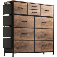 a large wooden dresser with drawers and magazines on it's bottom shelf, against a white background