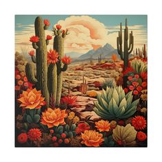 a painting of cactus and flowers in the desert