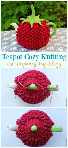 crocheted teapot cozyy knitting pattern with strawberries on top and bottom