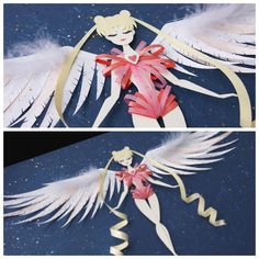 two pictures of paper cut outs with white and pink wings