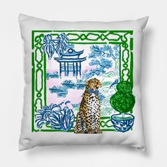 a pillow with a painting of a leopard sitting in front of a chinese garden scene