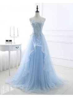 Blue Beaded Lace and Tulle Long Formal Dress Prom Dresses With Lace, Chic Prom Dresses, Dresses With Lace, Marine Uniform, Floor Length Prom Dresses, Sweetheart Prom Dress, Blue Evening Dresses, Blue Tulle, A Line Prom Dresses