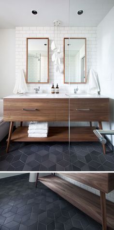 a bathroom with two sinks and mirrors on the wall