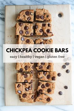 chickpea cookie bars on a cutting board with chocolate chips