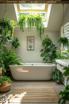 an indoor bathroom with plants hanging from the ceiling and a bathtub in the middle