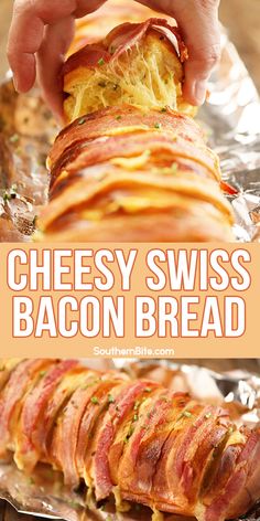 bacon wrapped cheesey swiss bacon bread is an easy and delicious appetizer for any occasion